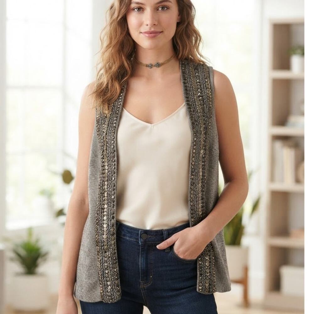 Chico's Boho Bead Embellished Wool Blend Tweed Vest